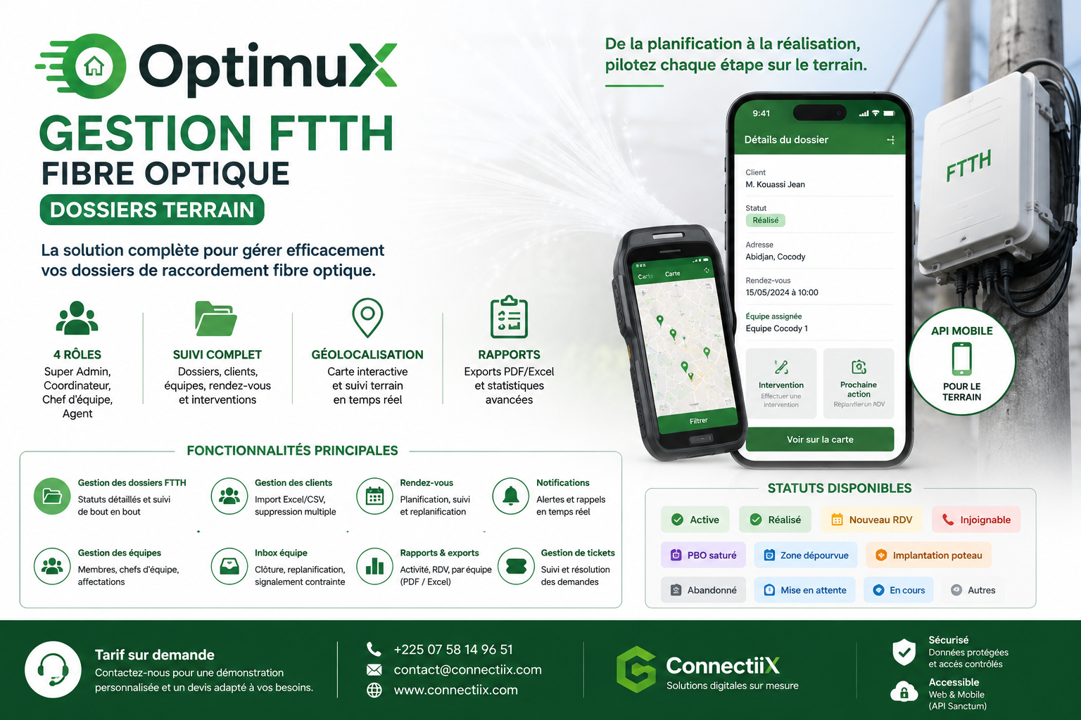 OptimuX – Gestion FTTH (Fibre optique / Dossiers terrain)